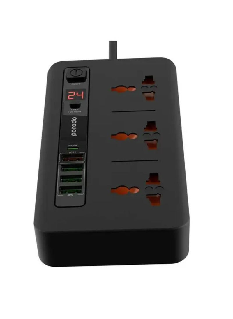 Multi-Port Power HUB with Power Button & Timer, Over-Heat Protection, 4 USB-A, 1 USB-C, 2m Power Cord - Black