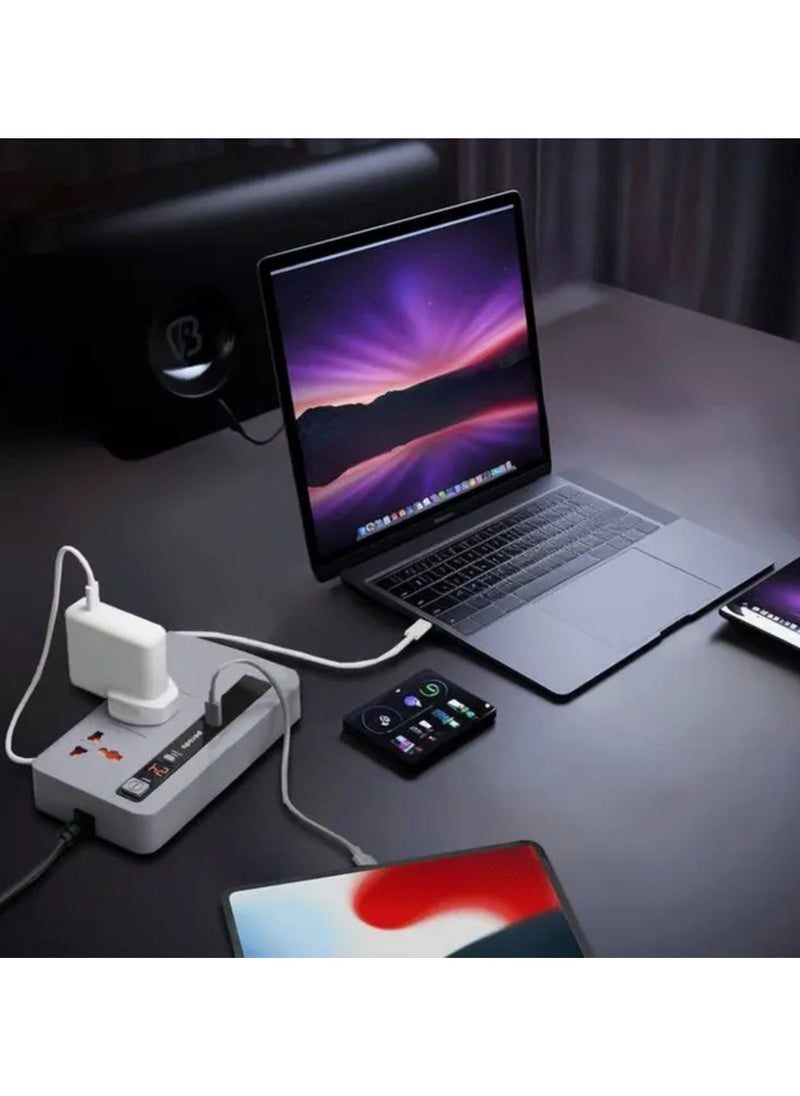 Multi-Port Power HUB with Power Button & Timer, Over-Heat Protection, 4 USB-A, 1 USB-C, 2m Power Cord - Gray