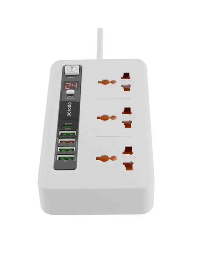 Multi-Port Power HUB with Power Button & Timer, Over-Heat Protection, 4 USB-A, 1 USB-C, 2m Power Cord - White