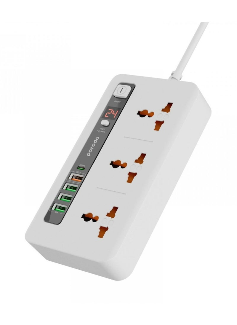 Multi-Port Power HUB with Power Button & Timer, Over-Heat Protection, 4 USB-A, 1 USB-C, 2m Power Cord - White