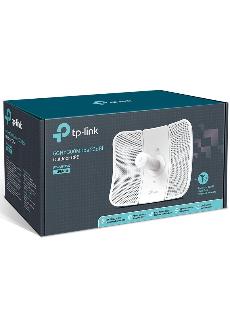 TP-Link CPE610 High Power Outdoor CPE/Access Point, 5GHz 300Mbps, 802.11N/A, Dual-Polarized 23DBI Directional Antenna, Passive POE,White