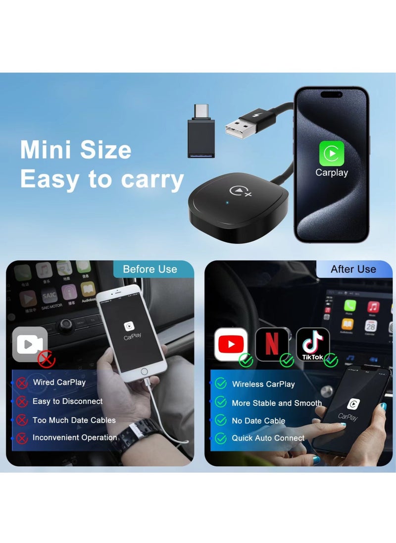 Wireless CarPlay Adapter, Magic Box CarPlay Wireless Adapter Supports Netflix, YouTube, and Tiktok Stream Media Play, for OEM Wired CarPlay to Wireless Dongle, Fits for Cars from 2016 & iOS 10+ Phone