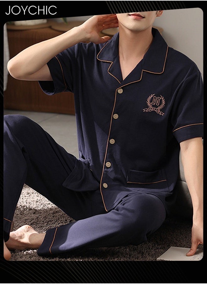 2-piece Leisure Spring Summer Autumn Men Pajamas Set Pure Cotton Skin-friendly Short-sleeved Trousers Loose Youth Home Nightwear Breathable Cardigan Suit Dark Blue