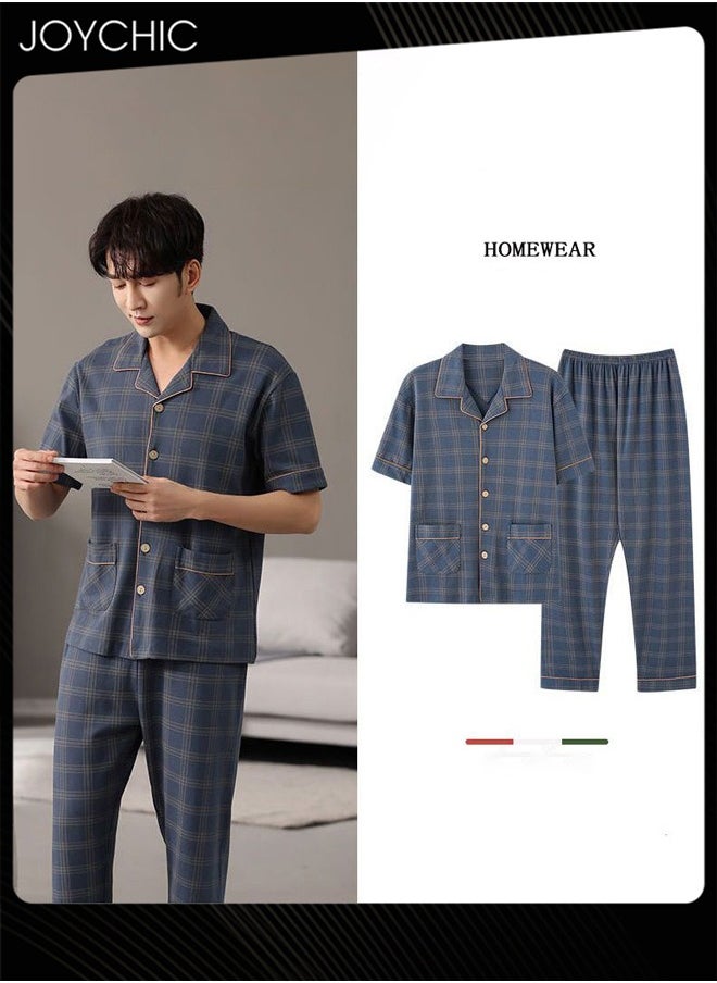 2-piece Leisure  Men Pajamas Set Pure Cotton Skin-friendly Lattice Short-sleeved Trousers Loose Youth Home Sleepwear Breathable Cardigan Suit Dark Blue for Spring Summer Autumn