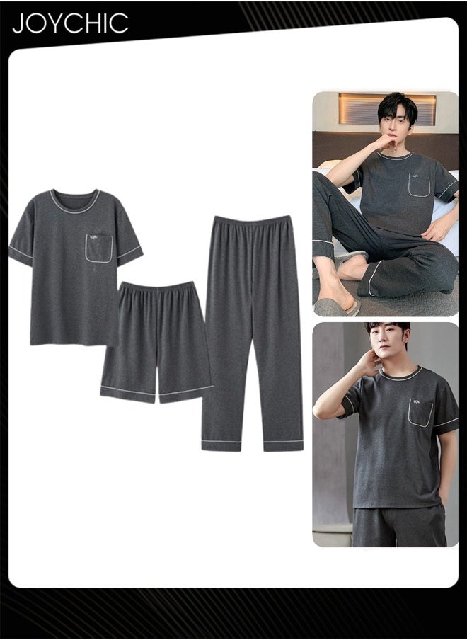 3 Piece Solid Color Men Pajamas Short-sleeved +Shorts+ Trouser Set Casual Modal Breathable Wear-resistant Sleepwear Youth Homewear for Spring Summer Autumn Dark Grey