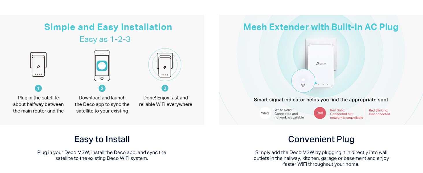 Deco M3W Whole Home Mesh WiFi System– Seamless Roaming, Deco Add-On UnitAdaptive Routing, Compact Plug-in Design, Up to 1500 Sq. ft, Only Works with  Deco Mesh WiFi White