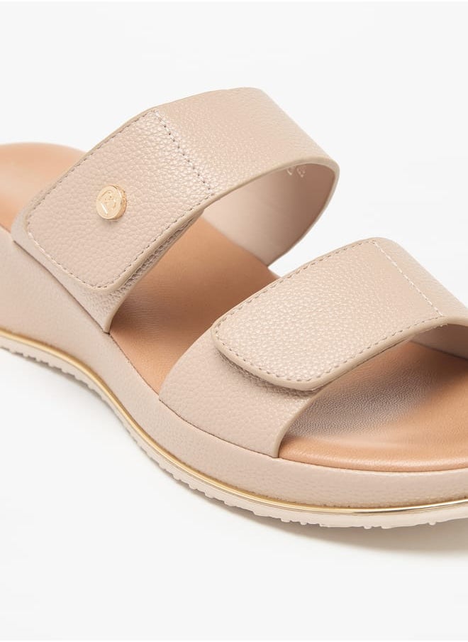 Women Textured Wedge Heel Slip-On Sandals with Hook and Loop Closure