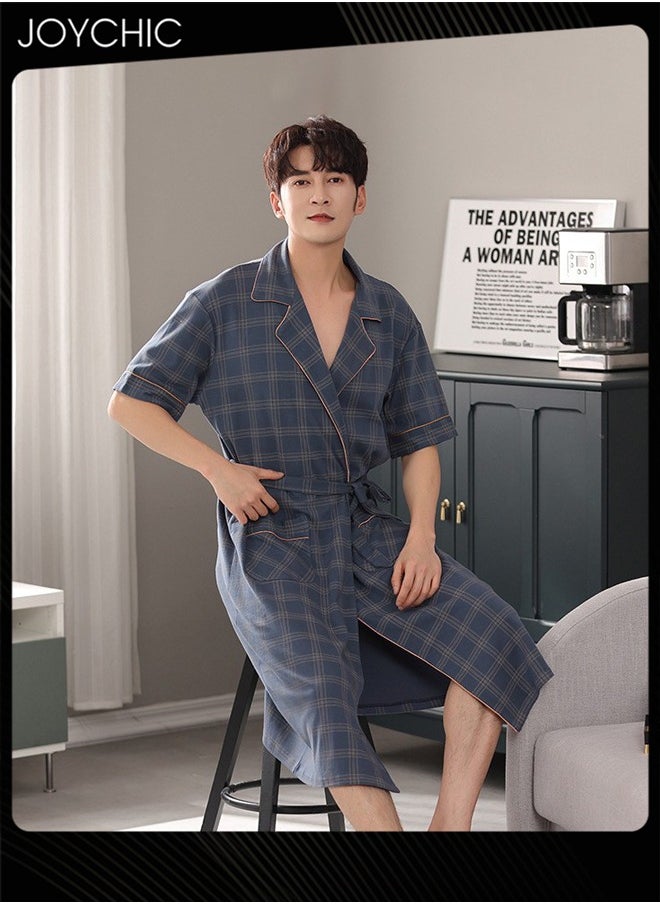 Classic Lattice Pattern Men's Pure Cotton Pajamas Youth Short-sleeved All-in-one Loose Breathable Sleep Robe with Adjustbale Belt Blue