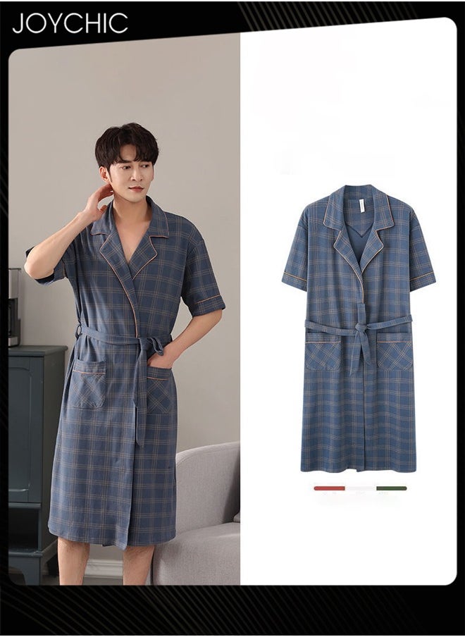 Classic Lattice Pattern Men's Pure Cotton Pajamas Youth Short-sleeved All-in-one Loose Breathable Sleep Robe with Adjustbale Belt Blue