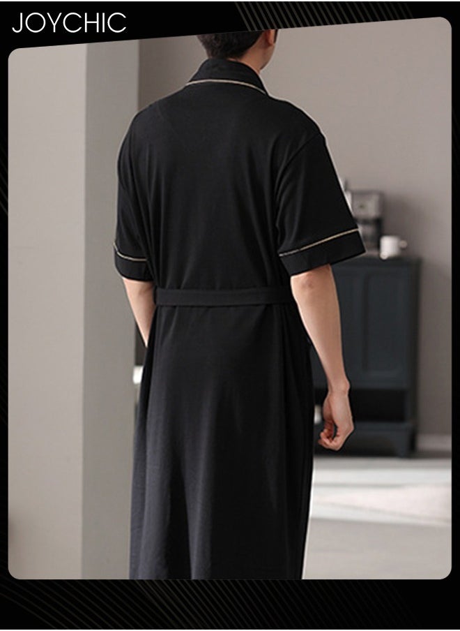 Japanese Style Men Pure Cotton Pajamas Simple Leisure Male Short-sleeved All-in-one Loose Breathable Sleep Robe with Adjustbale Belt for Spring and Summer Autumn Black