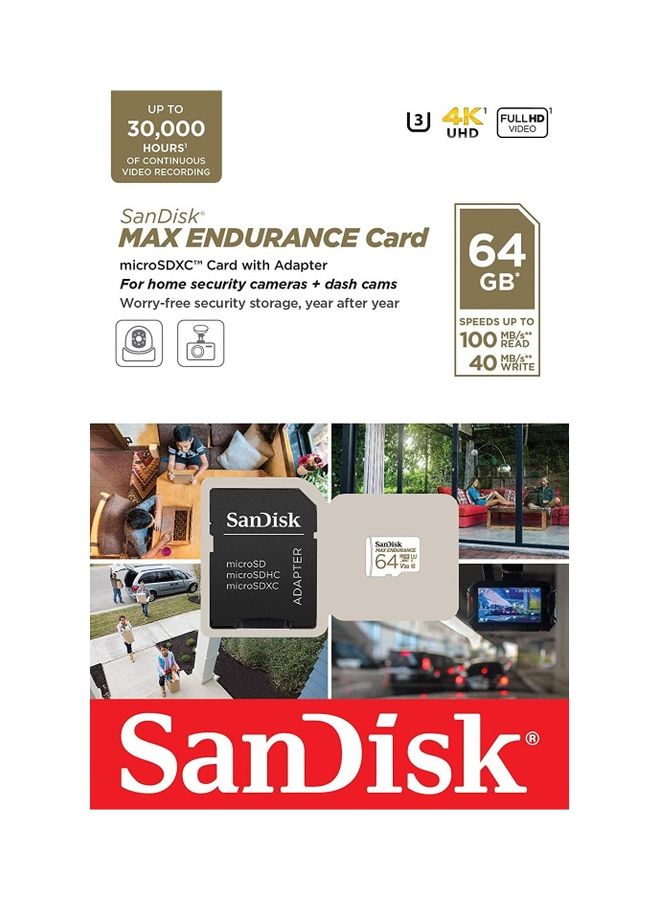 MAX ENDURANCE microSDXC Card With Adapter For Home Security Cameras And Dash Cams 64 GB