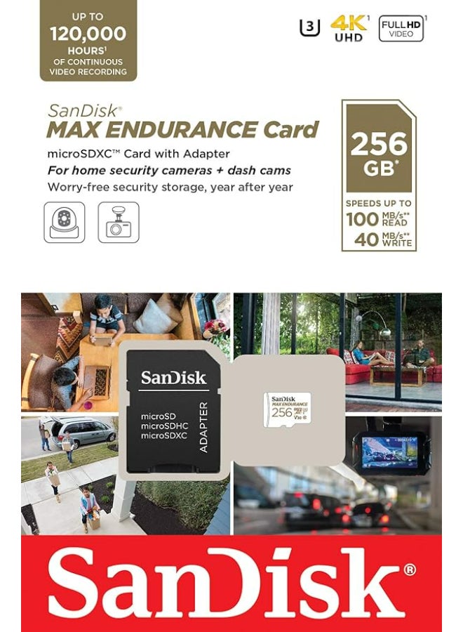 MAX Endurance microSDXC Card with Adapter for Home Security Cameras and Dash cams - C10, U3, V30, 4K UHD, Micro SD Card - SDSQQVR-256G-GN6IA 256 GB