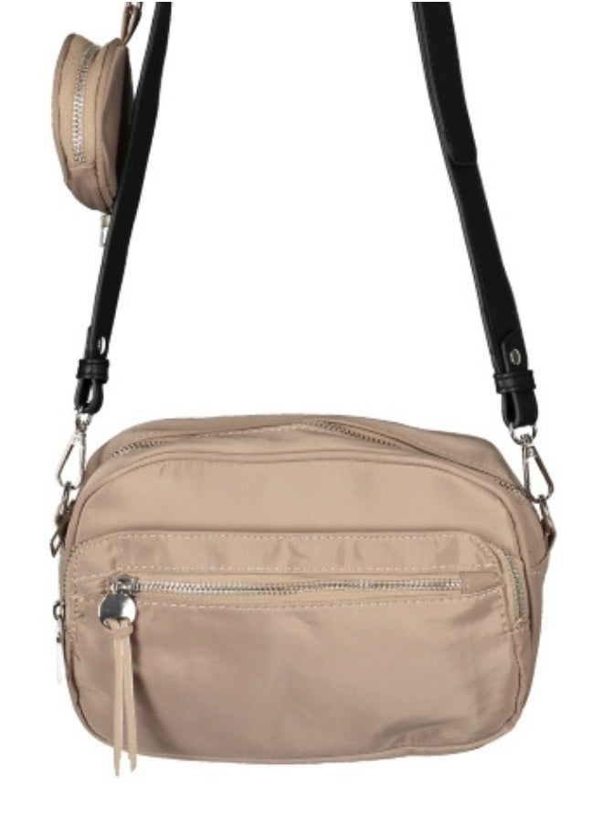 Beige Nylon Crossbody Bag with Coin Pouch