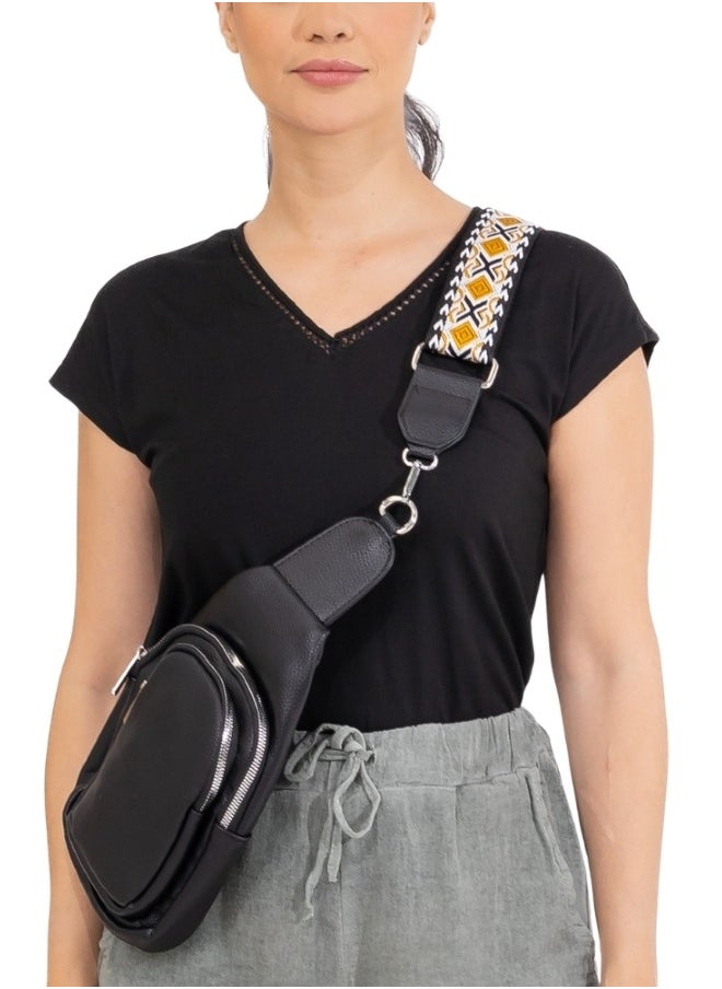 Stylish Black Sling Bag with Patterned Strap