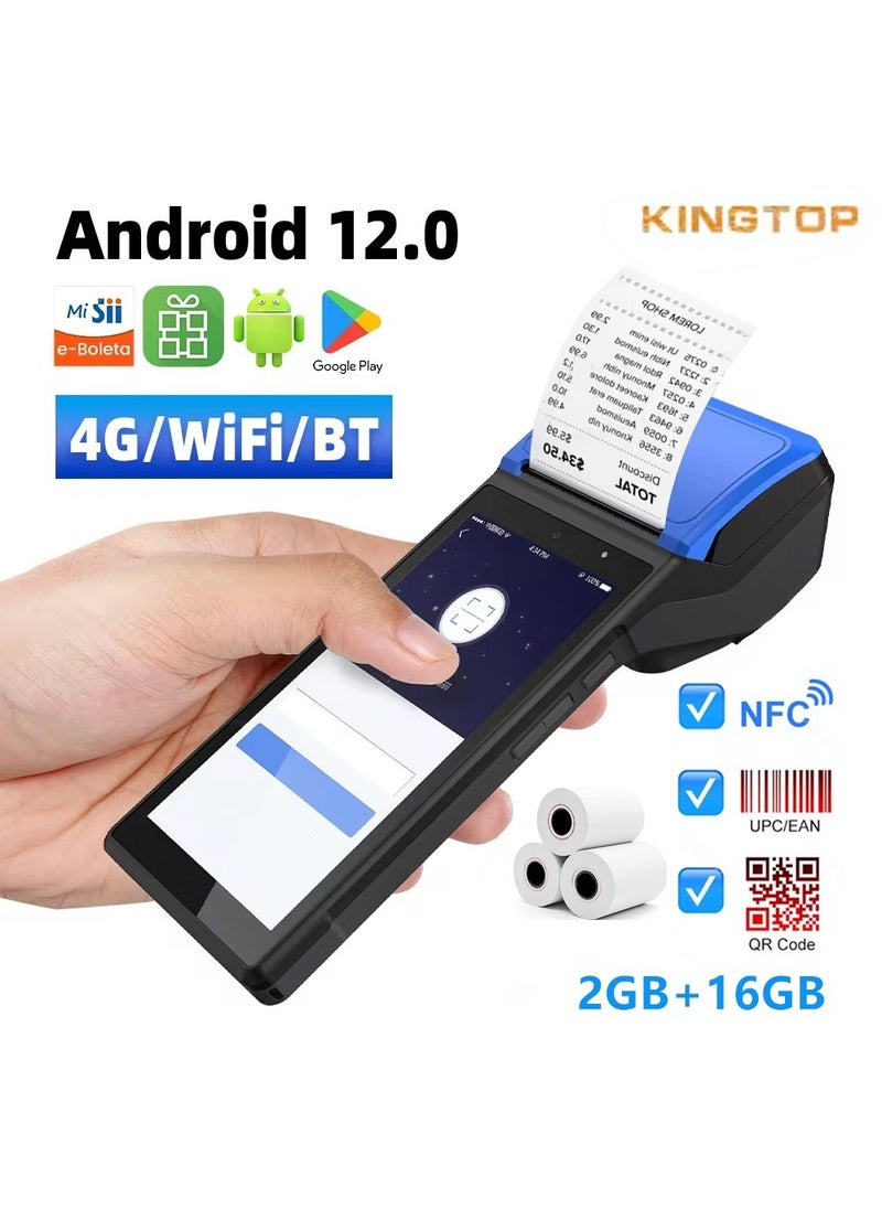 Handheld POS PDA Receipt Printer 58mm High Speed Thermal Paper Printer Smart POS Terminal, POS Machine Scan 1D/2D/QR Barcodes, POS System with NFC/2G/3G/4G/WiFi/BT (Included 3 Rolls Thermal Paper)