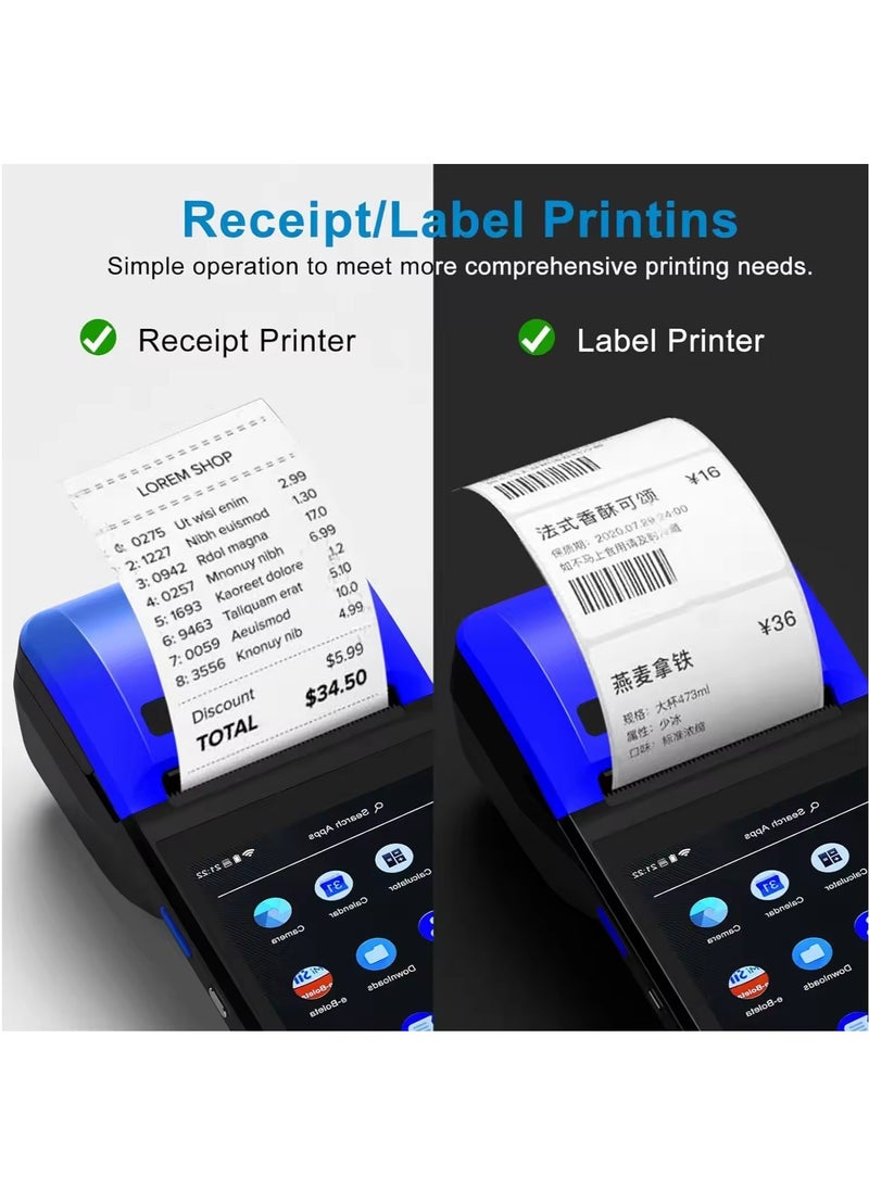 Handheld POS PDA Receipt Printer 58mm High Speed Thermal Paper Printer Smart POS Terminal, POS Machine Scan 1D/2D/QR Barcodes, POS System with NFC/2G/3G/4G/WiFi/BT (Included 3 Rolls Thermal Paper)