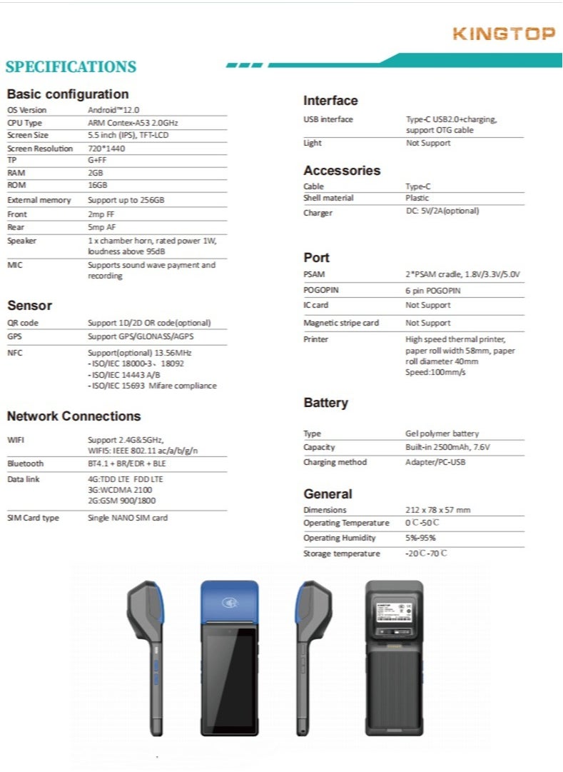 Handheld POS PDA Receipt Printer 58mm High Speed Thermal Paper Printer Smart POS Terminal, POS Machine Scan 1D/2D/QR Barcodes, POS System with NFC/2G/3G/4G/WiFi/BT (Included 3 Rolls Thermal Paper)