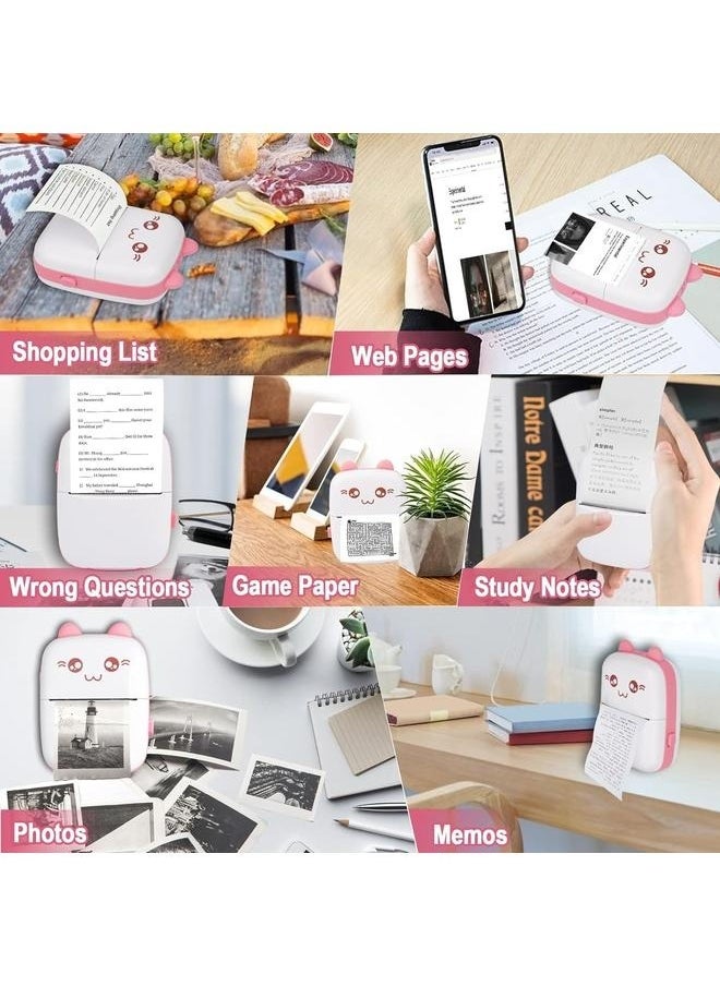 Mini Portable Thermal Printer with 1 Roll Paper Pink/White-Portable Printer for iOS Android Smartphone, Label Receipt Sticker Photo List Notes Inkless Printing Gift