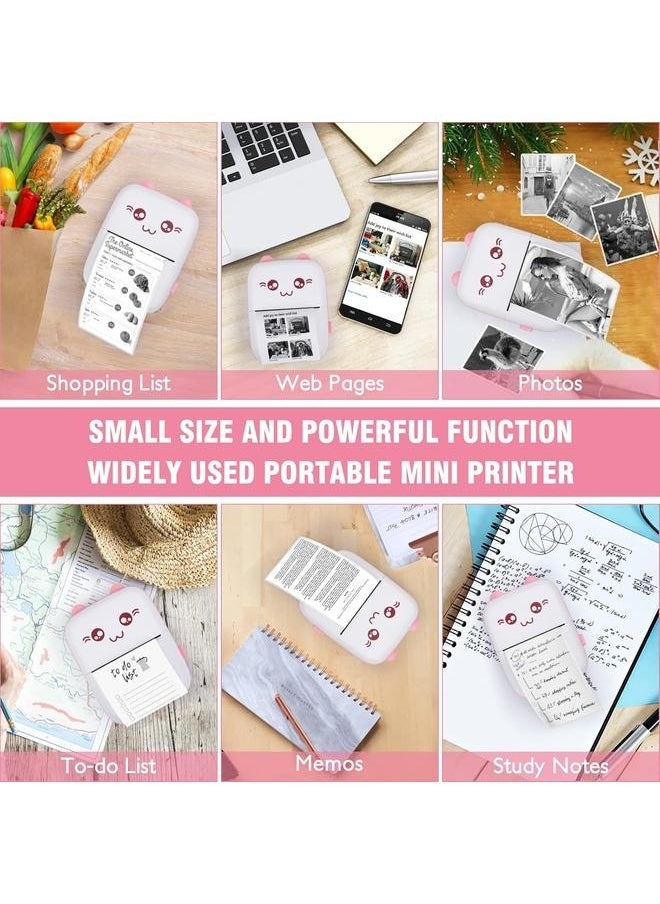 Mini Portable Thermal Printer with 1 Roll Paper Pink/White-Portable Printer for iOS Android Smartphone, Label Receipt Sticker Photo List Notes Inkless Printing Gift