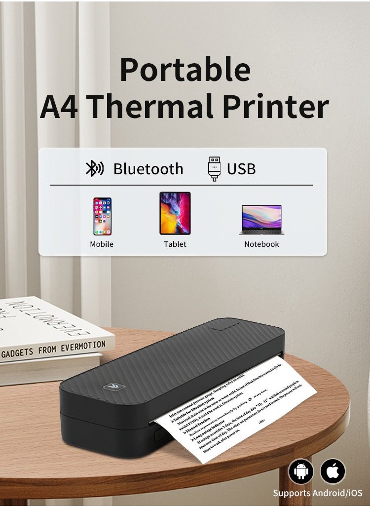 HZTZ-A4DY Thermal Printer | Portable Wireless Home Printer for Smartphones | Supports Word/Excel/PDF/JPG/TXT | Ink-Free with Adjustable Paper Tray (<216mm) | 203 DPI Clear Printing | 2600mAh Rechargeable Battery ﻿ ﻿