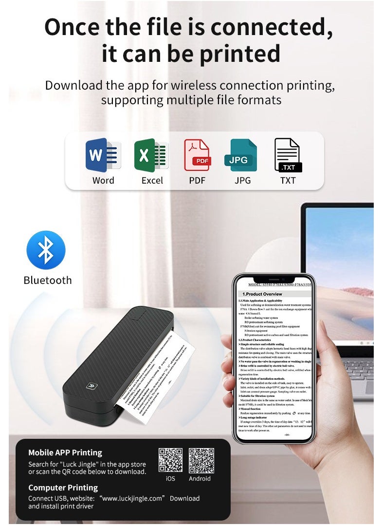 HZTZ-A4DY Thermal Printer | Portable Wireless Home Printer for Smartphones | Supports Word/Excel/PDF/JPG/TXT | Ink-Free with Adjustable Paper Tray (<216mm) | 203 DPI Clear Printing | 2600mAh Rechargeable Battery ﻿ ﻿