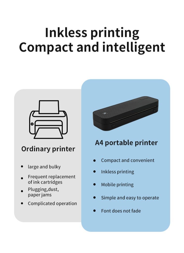 HZTZ-A4DY Thermal Printer | Portable Wireless Home Printer for Smartphones | Supports Word/Excel/PDF/JPG/TXT | Ink-Free with Adjustable Paper Tray (<216mm) | 203 DPI Clear Printing | 2600mAh Rechargeable Battery ﻿ ﻿