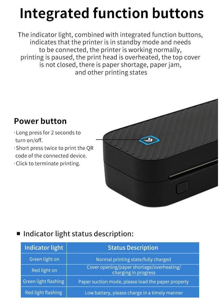 HZTZ-A4DY Thermal Printer | Portable Wireless Home Printer for Smartphones | Supports Word/Excel/PDF/JPG/TXT | Ink-Free with Adjustable Paper Tray (<216mm) | 203 DPI Clear Printing | 2600mAh Rechargeable Battery ﻿ ﻿