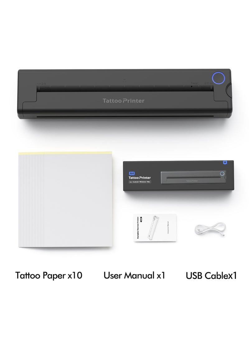 Tattoo Printer A4 Thermal Transfer Printer | Portable Ink-Free Bluetooth Wireless USB Printer | Professional Tattoo Transfer with 10 Free Transfer Papers | Compatible with PC & MacBook via USB-C | Fast and Easy Tattoo Printing