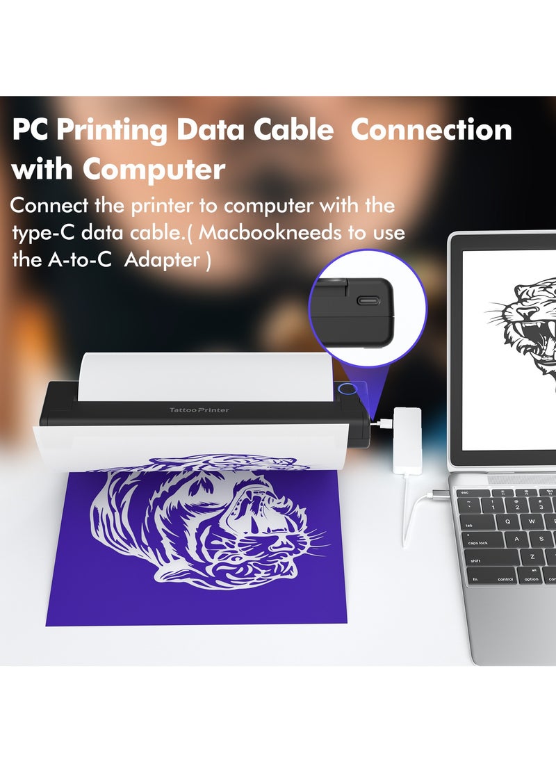 Tattoo Printer A4 Thermal Transfer Printer | Portable Ink-Free Bluetooth Wireless USB Printer | Professional Tattoo Transfer with 10 Free Transfer Papers | Compatible with PC & MacBook via USB-C | Fast and Easy Tattoo Printing