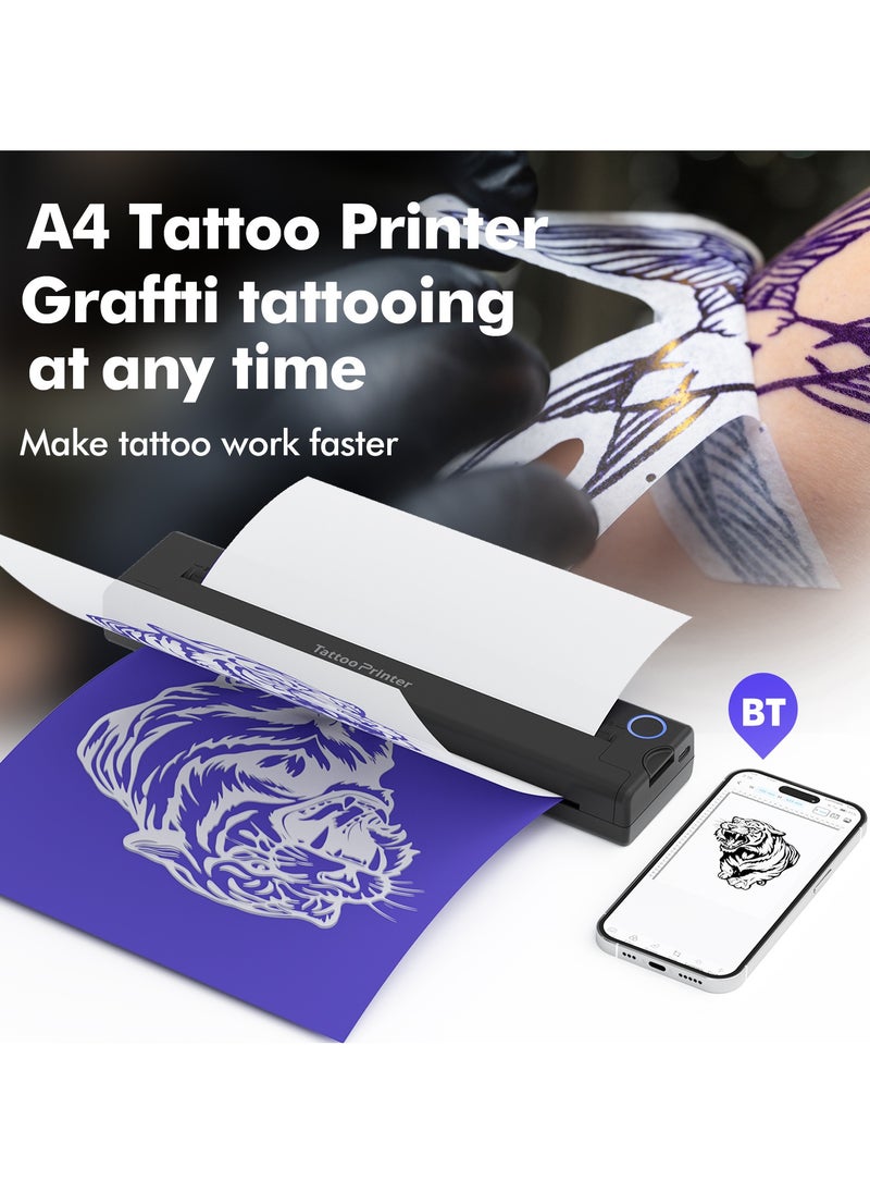 Tattoo Printer A4 Thermal Transfer Printer | Portable Ink-Free Bluetooth Wireless USB Printer | Professional Tattoo Transfer with 10 Free Transfer Papers | Compatible with PC & MacBook via USB-C | Fast and Easy Tattoo Printing