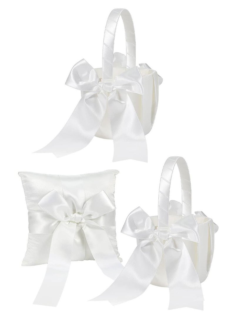 2 Pcs Wedding Flower Girl Basket and Ring Bearer Pillows Set, Ivory Flower Girl Basket for Wedding Party Favor Decoration (White)