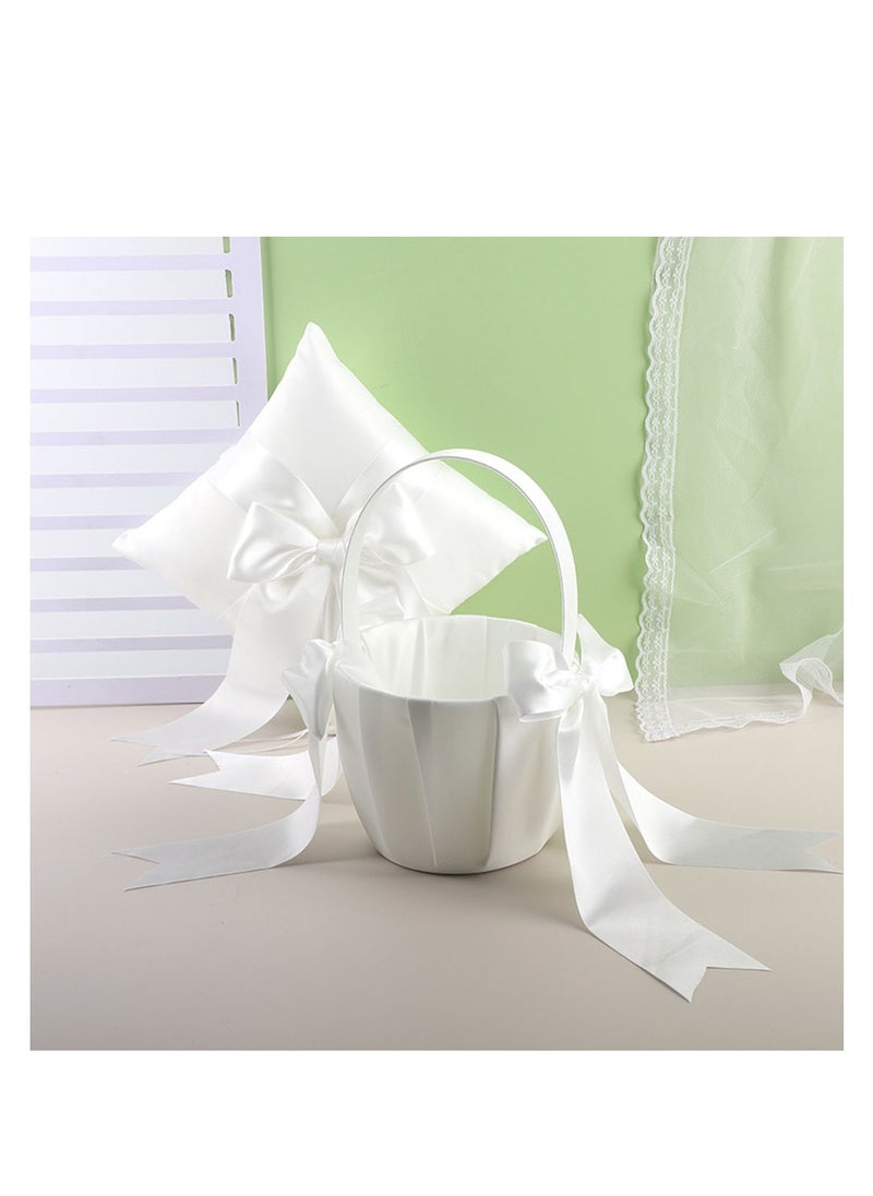 Ivory Flower Girl Basket and Ring Bearer Pillow Set for Elegant Wedding Decorations Two Piece Set