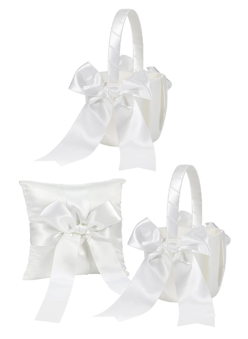 Ivory Flower Girl Basket and Ring Bearer Pillow Set for Elegant Wedding Decorations Two Piece Set