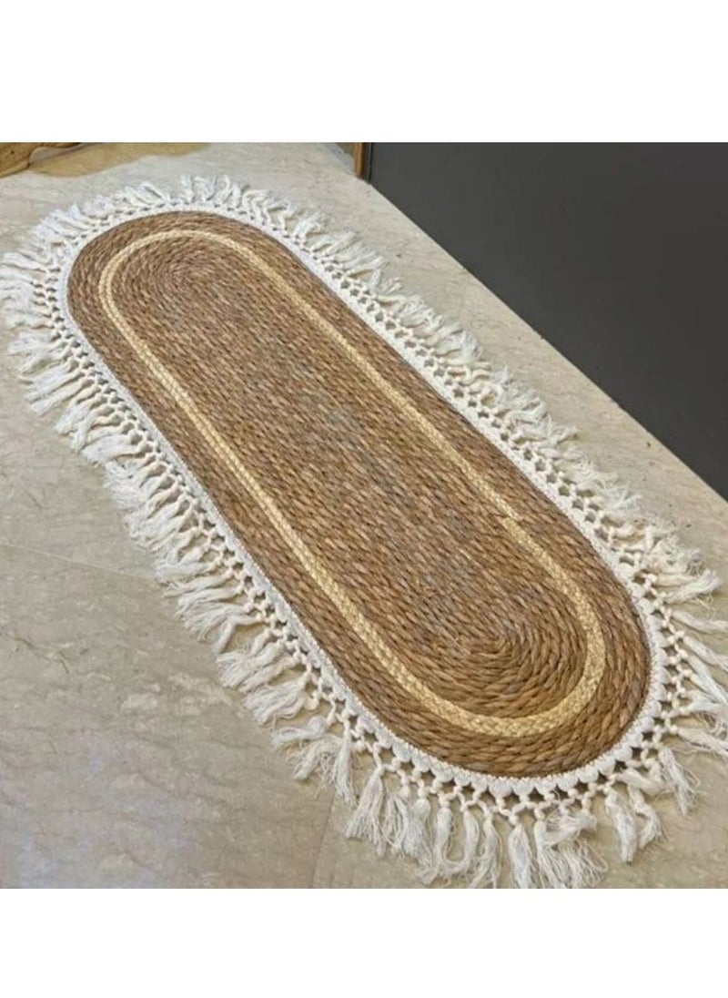 Hand-Braided Natural Jute Oval Rug with Chic White Line Accent – Eco-Friendly, Boho-Inspired, and Durable for Indoor u0026 Outdoor Spaces (Available in 100x35 cm / 118x35 cm)