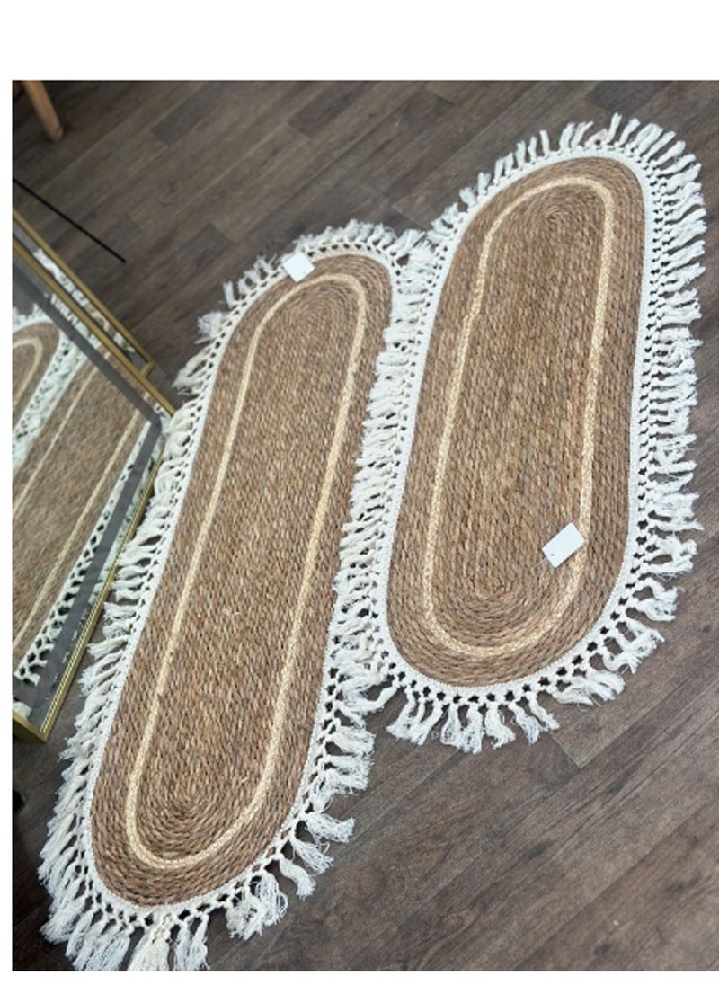 Hand-Braided Natural Jute Oval Rug with Chic White Line Accent – Eco-Friendly, Boho-Inspired, and Durable for Indoor u0026 Outdoor Spaces (Available in 100x35 cm / 118x35 cm)