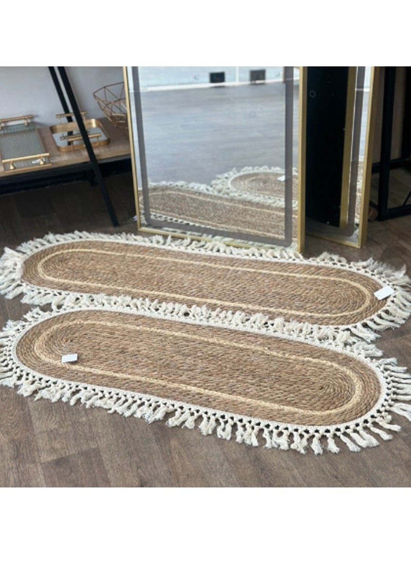 Hand-Braided Natural Jute Oval Rug with Chic White Line Accent – Eco-Friendly, Boho-Inspired, and Durable for Indoor u0026 Outdoor Spaces (Available in 100x35 cm / 118x35 cm)