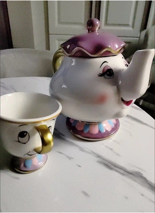 Beauty And The Beast Teapot Mug Set Beige/Purple Pot(500), Cup(50)ml