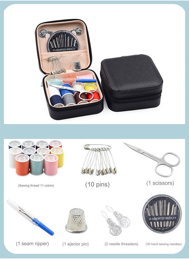 Mini Travel Sewing Kit Leather Case, Small Sewing Kit for Adults and Beginners, Basic Needle and Thread Kit for Emergency Hand Sewing Repair Supplies (Black)