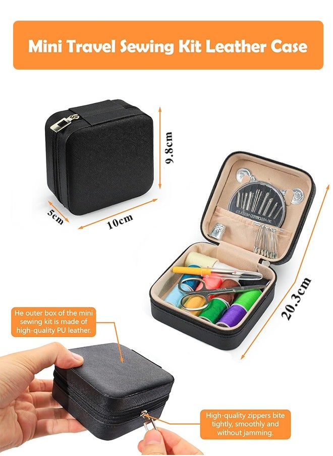 Mini Travel Sewing Kit Leather Case, Small Sewing Kit for Adults and Beginners, Basic Needle and Thread Kit for Emergency Hand Sewing Repair Supplies (Black)