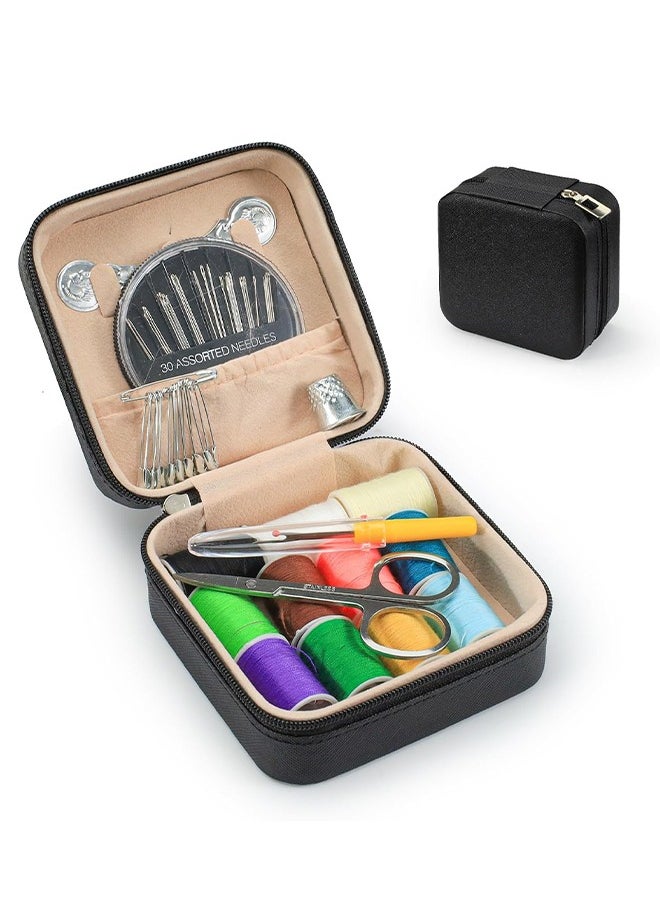 Mini Travel Sewing Kit Leather Case, Small Sewing Kit for Adults and Beginners, Basic Needle and Thread Kit for Emergency Hand Sewing Repair Supplies (Black)