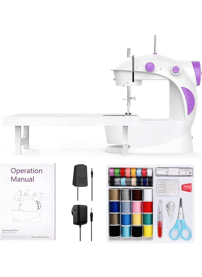 Mini Sewing Machine for Beginners with 42 PCS Sewing Kit, Fabrics and Finger Guard with Extension Table, Light