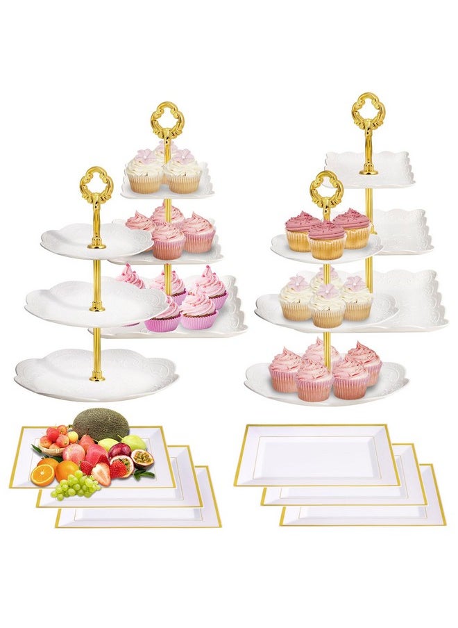 10 Pcs Dessert Table Stand Set 4 Pcs 3-Tier Plastic Cupcake Stands Gold Cake Stand Cookie Tray Rack Serving Tray Cake Display Tower And 6 Pcs Dessert Trays For Wedding Baby Shower Tea Party