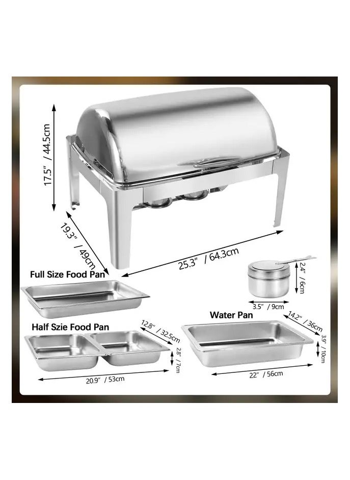 AFCO Stainless Steel 5.5L 2/3 Roll Top Chafer Chafing Dish, Dual Compartments, Includes Pans, for Restaurants, Catered Events, Hotels, Weddings, Parties, Silver