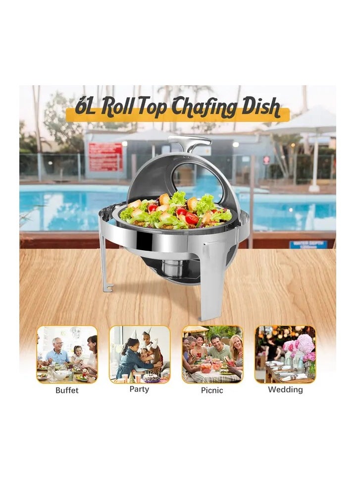 AFCO Stainless Steel Roll Top Round Glass Window Chafing Dish, 6L Capacity, for Restaurants, Catered Events, Hotels, Weddings, Parties, Silver