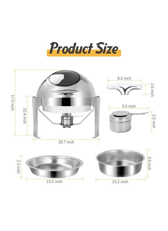 AFCO Stainless Steel Roll Top Round Glass Window Chafing Dish, 6L Capacity, for Restaurants, Catered Events, Hotels, Weddings, Parties, Silver