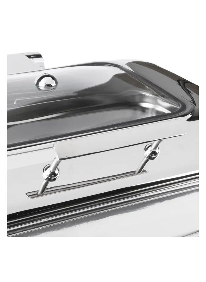 AFCO Luxury Hydraulic Induction Chafing Dish 9L Rectangular Stainless Steel Chafing Dish with Glass Lid, For Restaurents, Catered Events, Hotels, Weddings, Parties, (Silver)