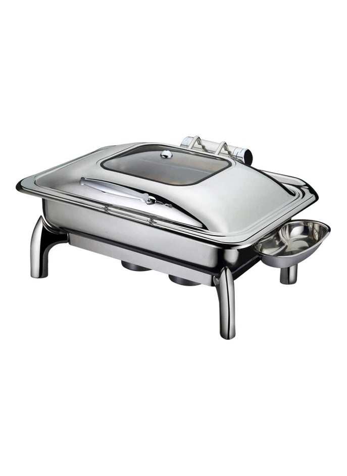 AFCO Luxury Hydraulic Induction Chafing Dish 9L Rectangular Stainless Steel Chafing Dish with Glass Lid, For Restaurents, Catered Events, Hotels, Weddings, Parties, (Silver)