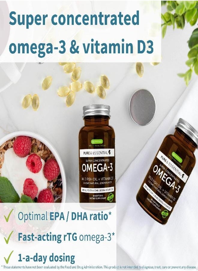 Advanced Omega-3 Wild Fish Oil & Vitamin D3 1000iu, 1-a-Day, Triglyceride Form EPA & DHA, Fast-Acting rTG, Natural Lemon Flavor, Non-GMO, 60 Softgels, by Igennus