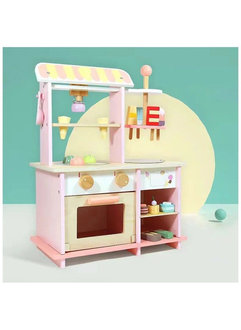 Wooden Dessert Shop Playset – Pretend Kitchen Ice Cream Stall Toys for Kids, Educational Role-Play Toy with Wooden Desserts and Accessories, Creative Play House for Toddlers and Kids