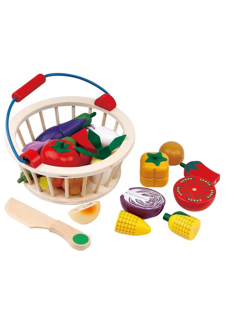 Wooden Kitchen Playhouse Toy Set – 12/14/16-Piece Pretend Play Food Set with Magnetic Cut Fruits and Vegetables, Wooden Basket Toys for Toddlers, Role-Playing Educational Kitchen Toy for Kids